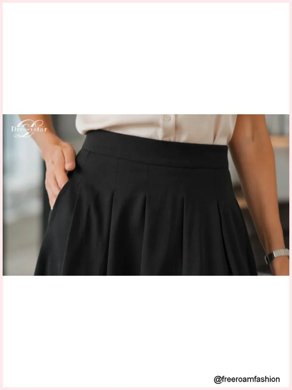 High Waist Pleated Midi Skirt with Pockets A-Line Flared Work Skirt